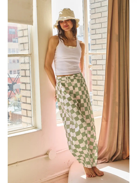Checkered Printed Barrel Denim Pants