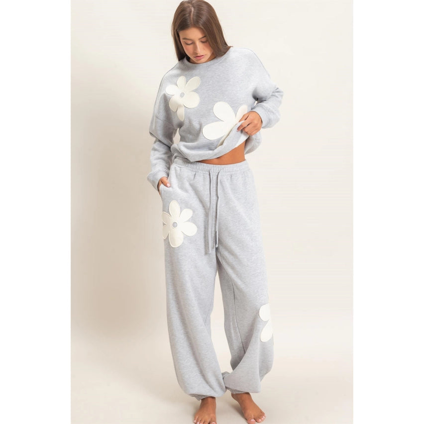 Floral Applique Drawstring Jogger Pants And Top Set
