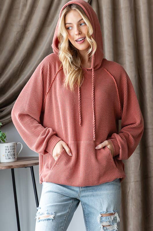 LONG PUFF SLEEVE SOLID URBAN RIBBED HOODIE TOP
