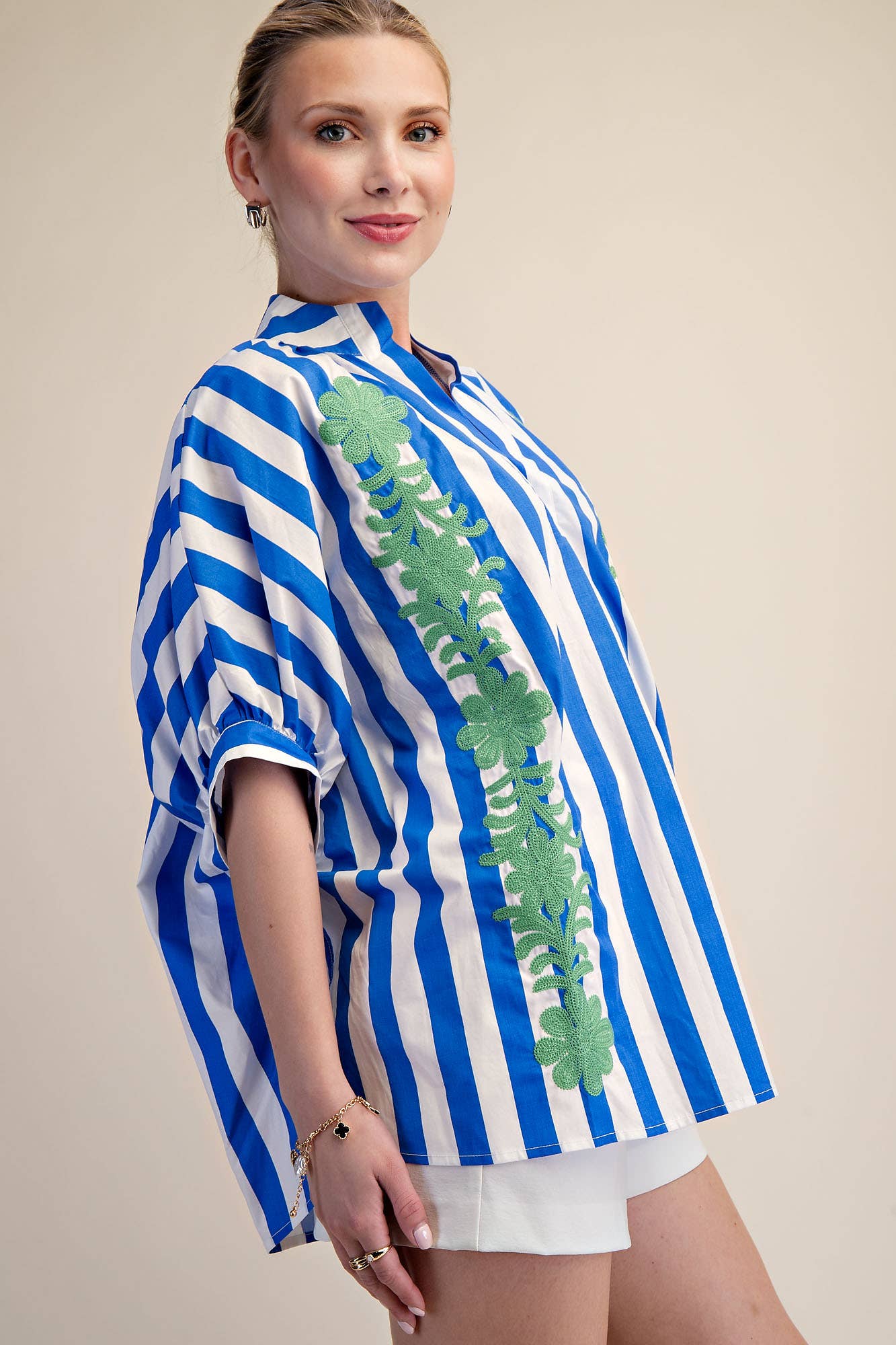 V-Neck Stand Collar Flower Embroidery Oversized Stripe Shirt