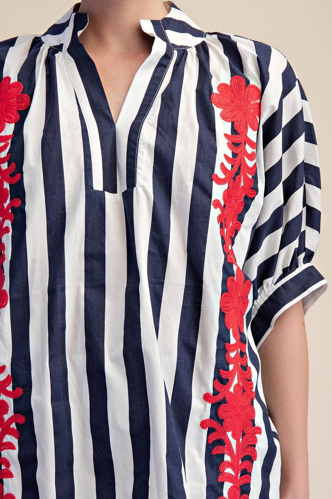 V-Neck Stand Collar Flower Embroidery Oversized Stripe Shirt