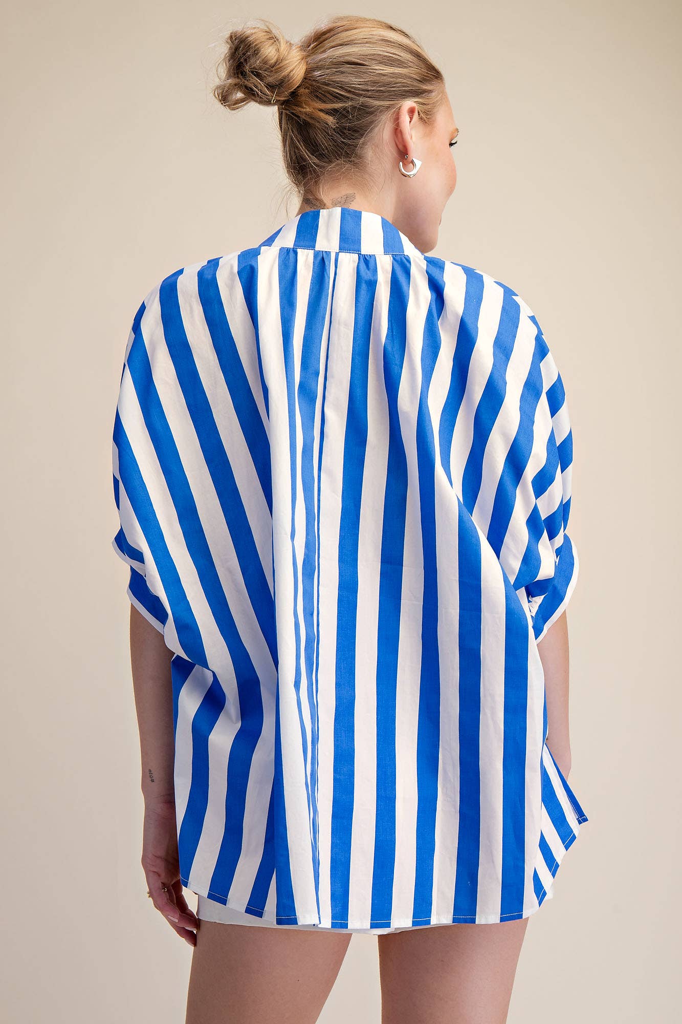 V-Neck Stand Collar Flower Embroidery Oversized Stripe Shirt