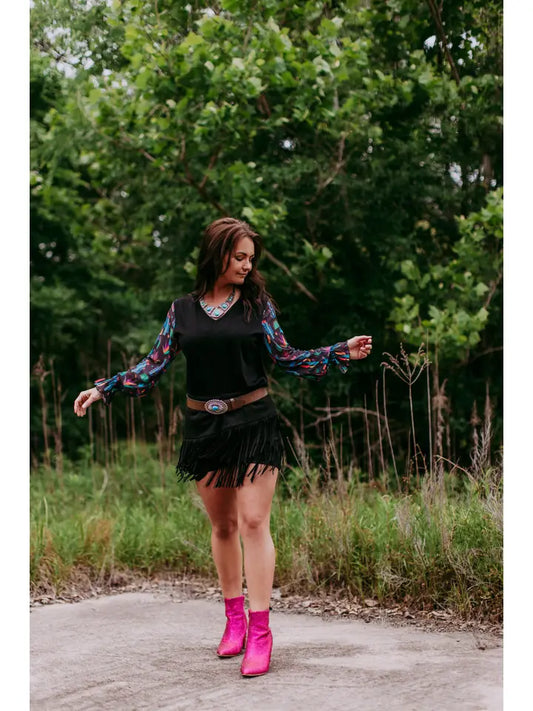 V NECK MESH SLEEVE TOP -Mesh Sleeve