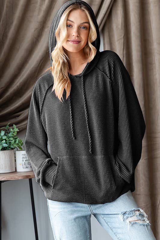LONG PUFF SLEEVE SOLID URBAN RIBBED HOODIE TOP