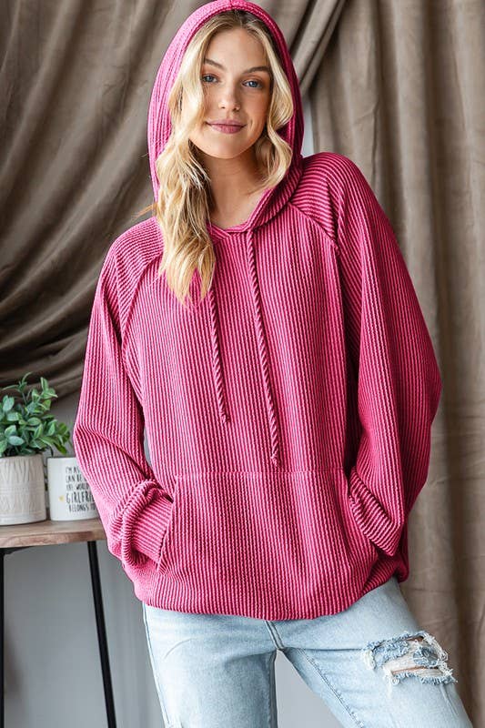 LONG PUFF SLEEVE SOLID URBAN RIBBED HOODIE TOP