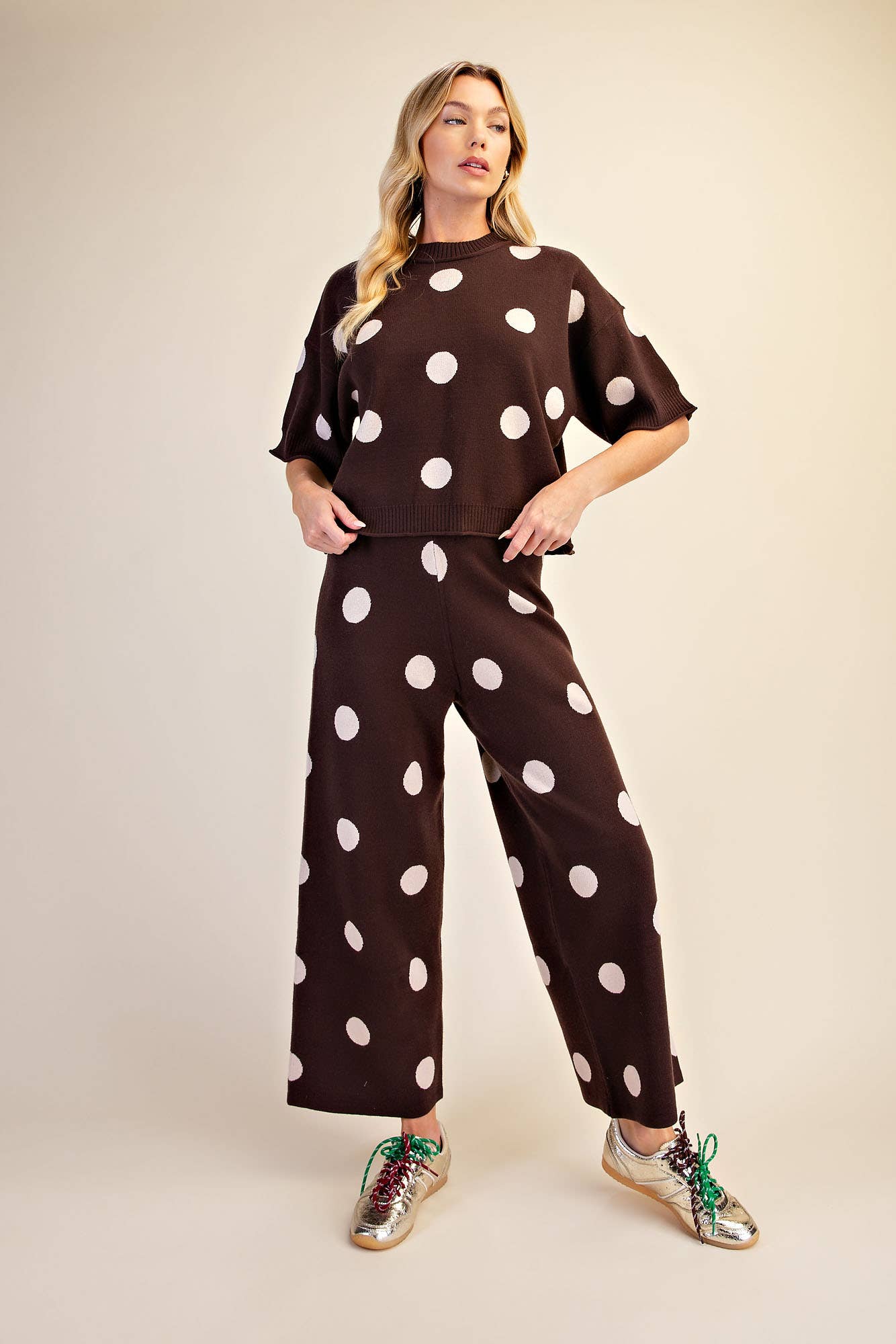 Polka Dot Sweater Round Neck Short Sleeve