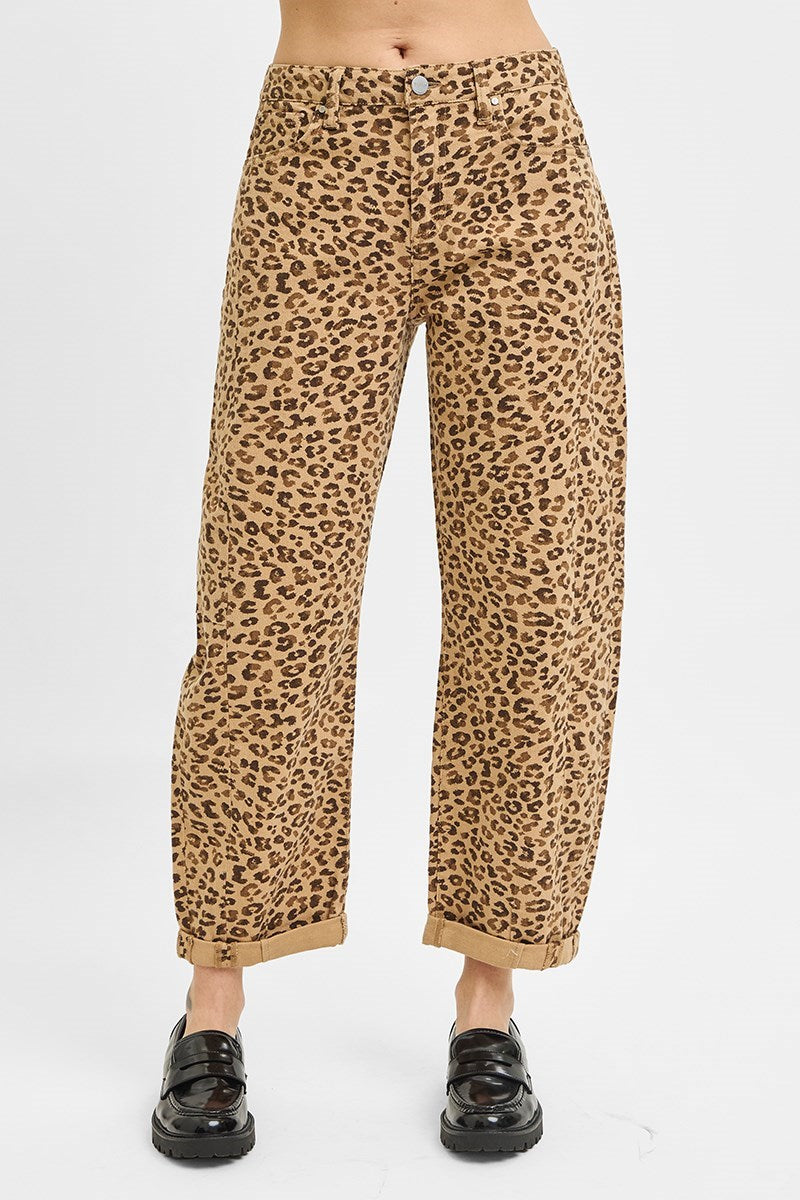 RISEN HIGH RISE CROP BARREL LEOPARD JEANS