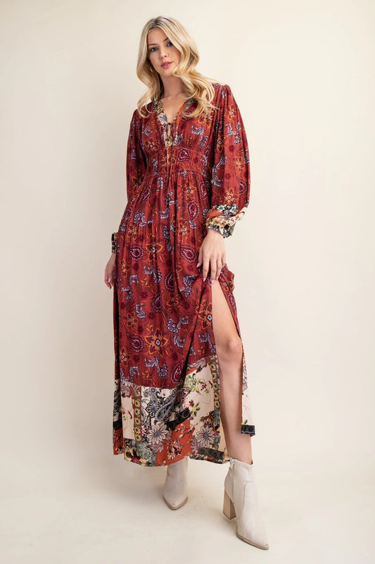 Mixed Print Front Tie Maxi Dress