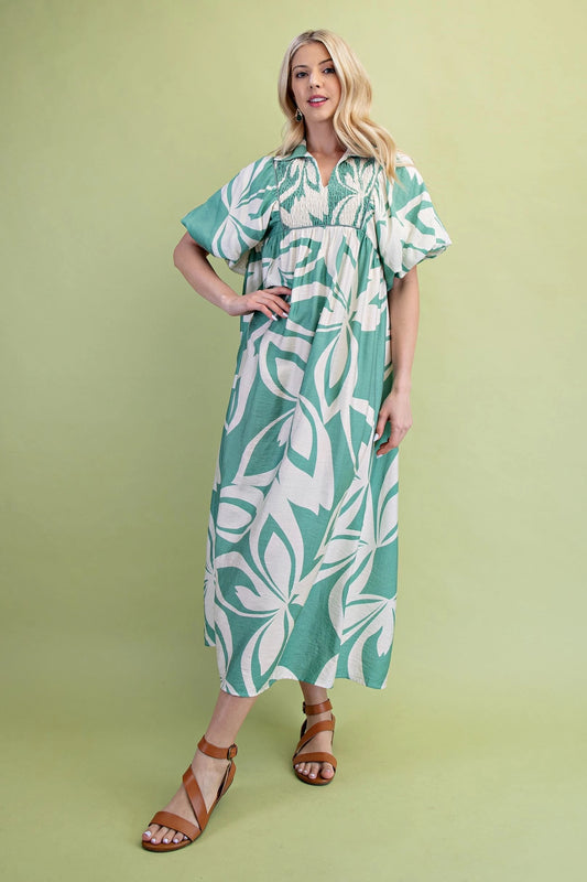 Leaf Print Smocked Yoke Midi Dress with Short Balloon Sleeves