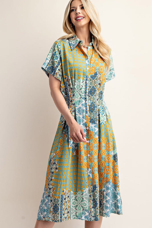 Pleated Waist Button Down Midi Shirt Dress with Short Sleeves
