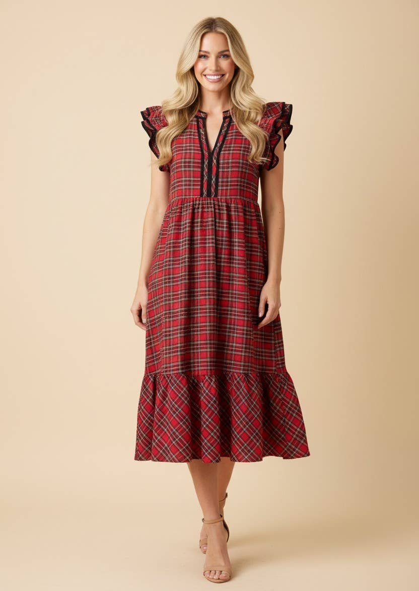 Plaid Ruffle Sleeve Tiered Midi Dress