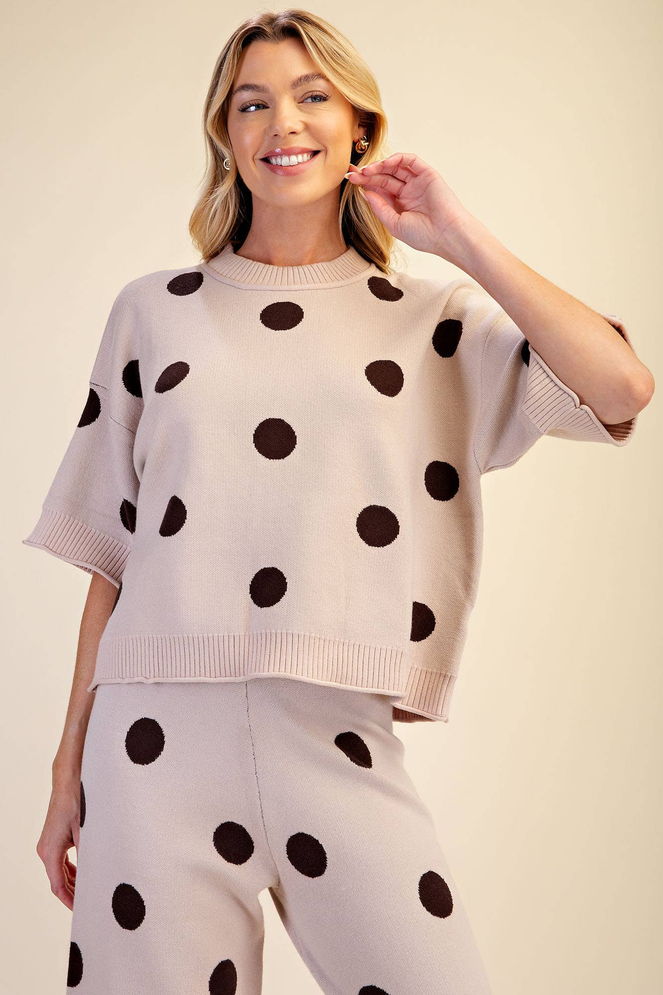 Polka Dot Sweater Round Neck Short Sleeve