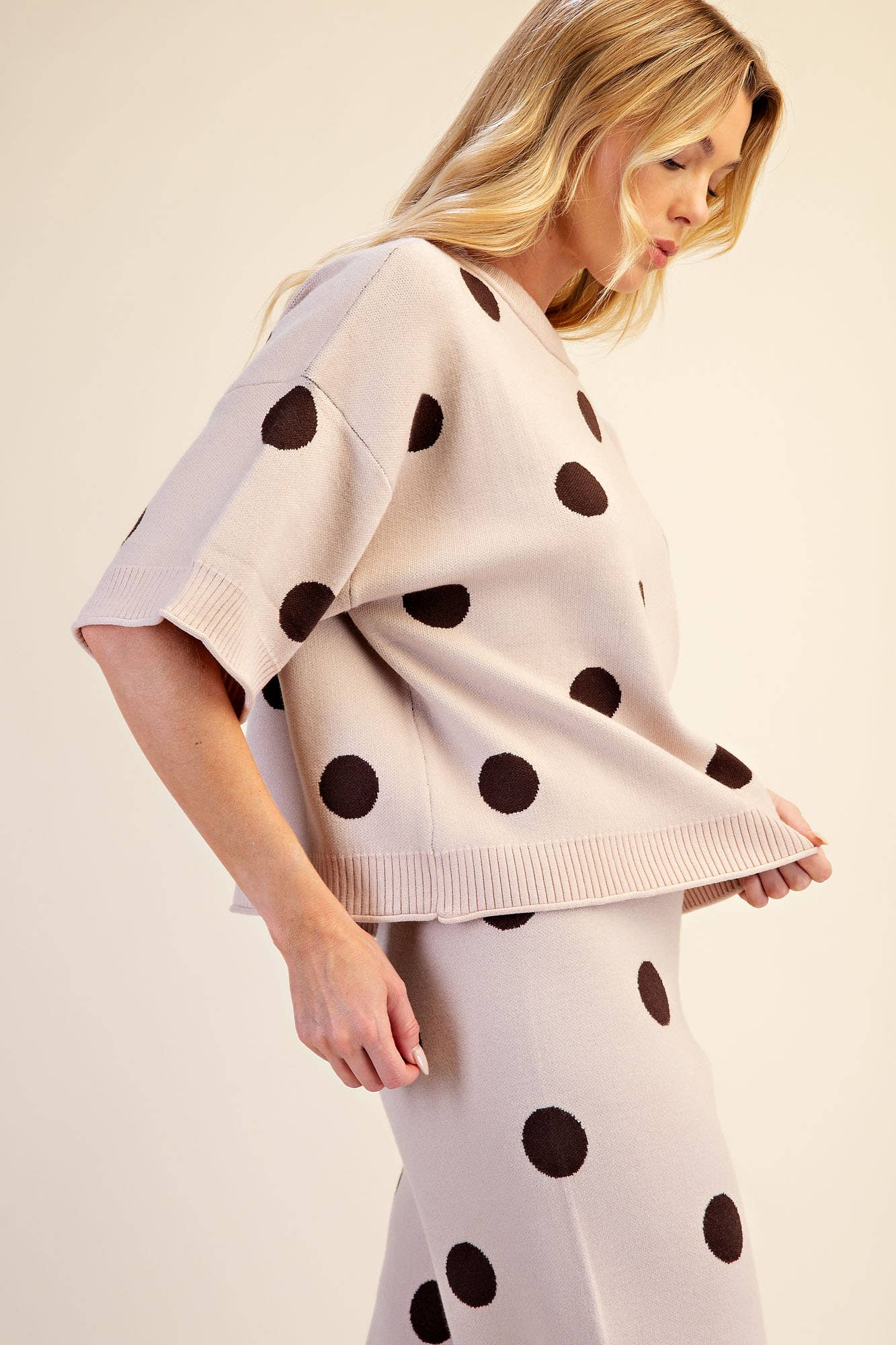 Polka Dot Sweater Round Neck Short Sleeve