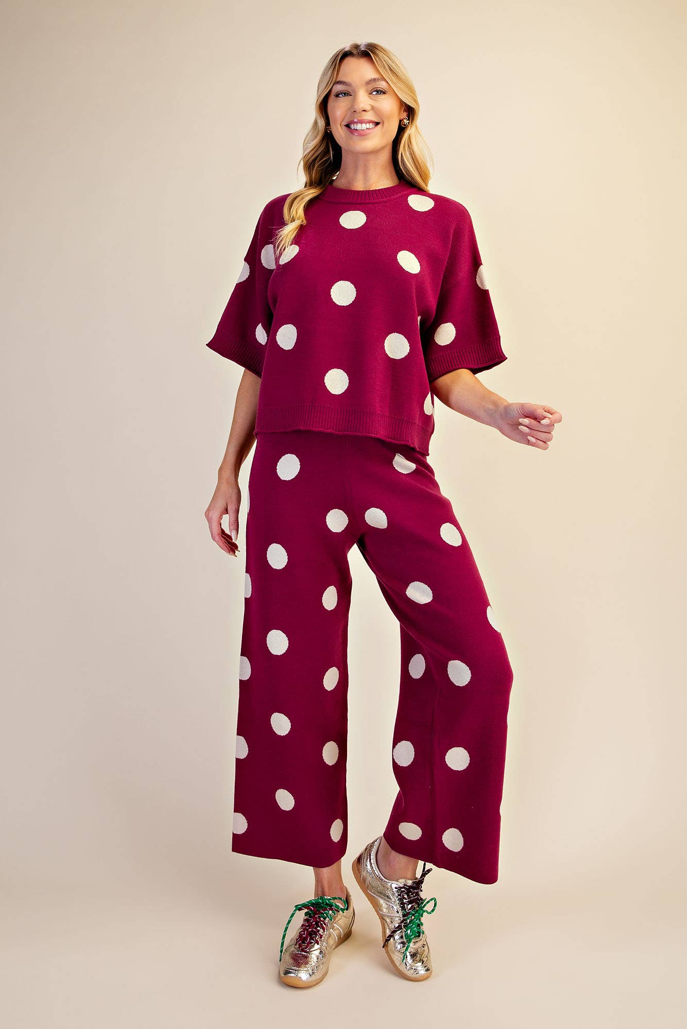Polka Dot Sweater Round Neck Short Sleeve