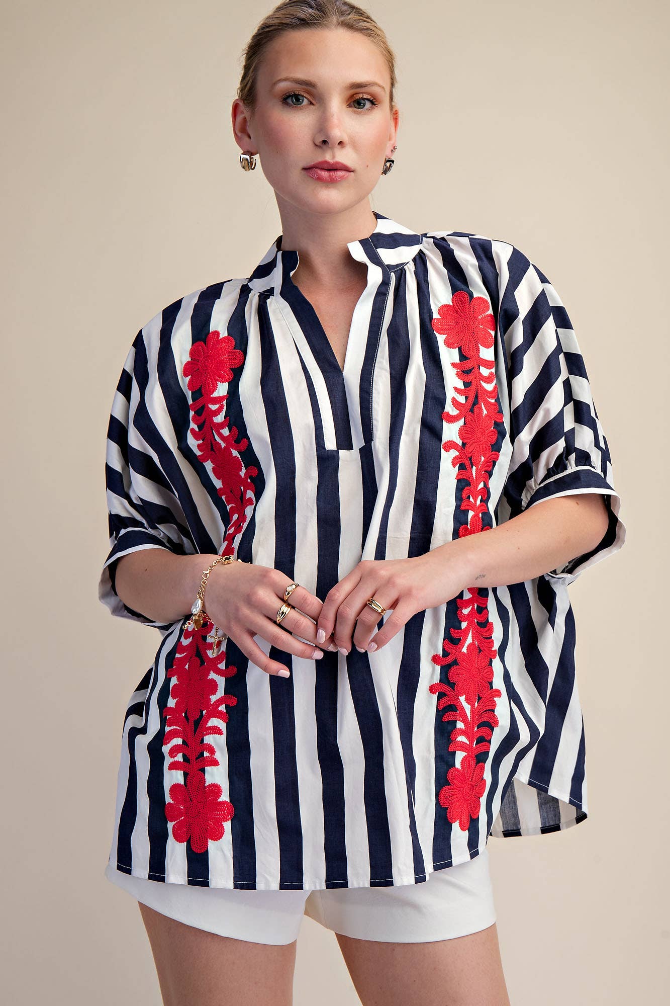 V-Neck Stand Collar Flower Embroidery Oversized Stripe Shirt