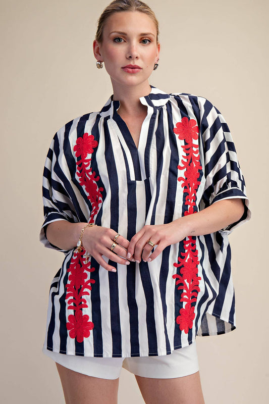 V-Neck Stand Collar Flower Embroidery Oversized Stripe Shirt