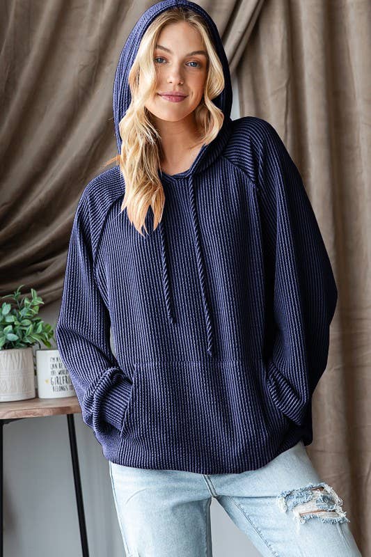 LONG PUFF SLEEVE SOLID URBAN RIBBED HOODIE TOP