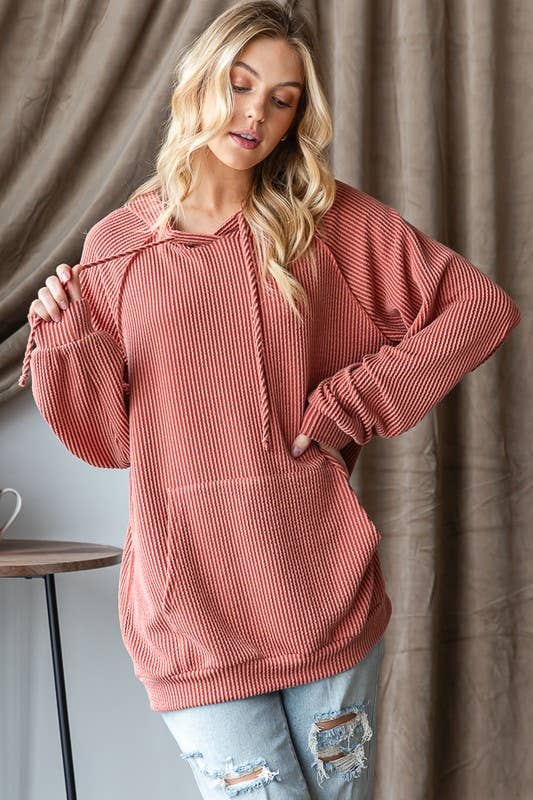 LONG PUFF SLEEVE SOLID URBAN RIBBED HOODIE TOP