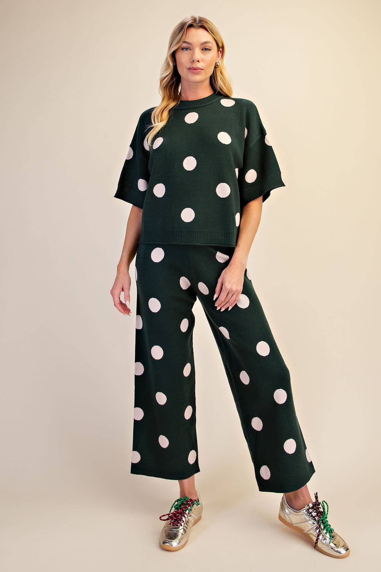 Polka Dot Sweater Round Neck Short Sleeve