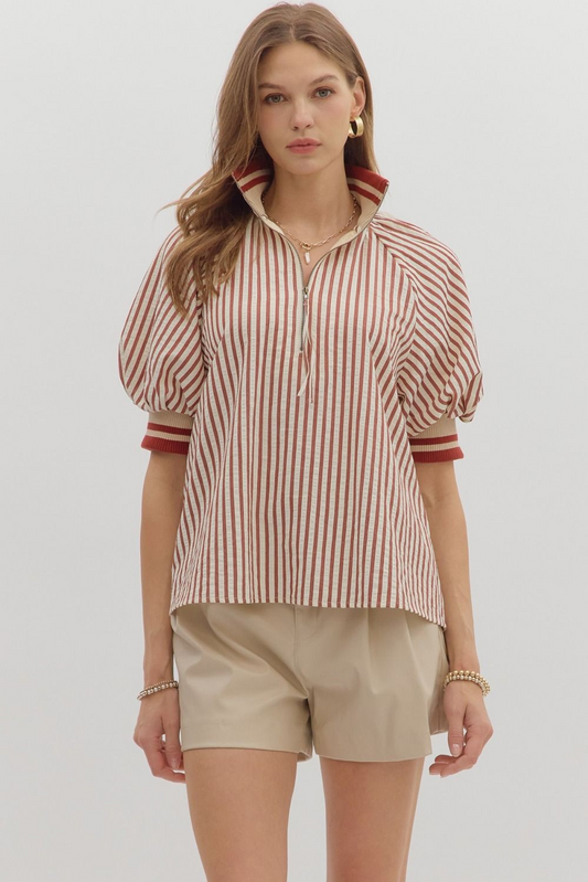Stripe pattern half-zip closure short puff sleeve top featuring multicolor accent band