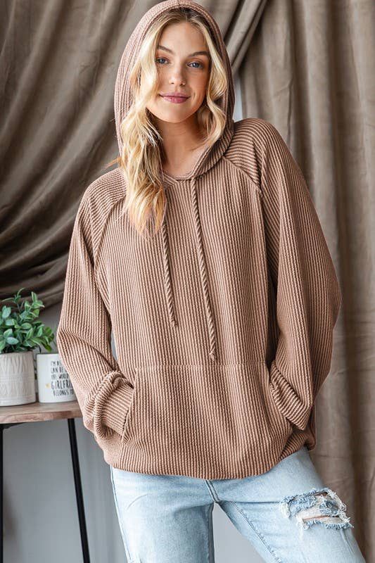 LONG PUFF SLEEVE SOLID URBAN RIBBED HOODIE TOP