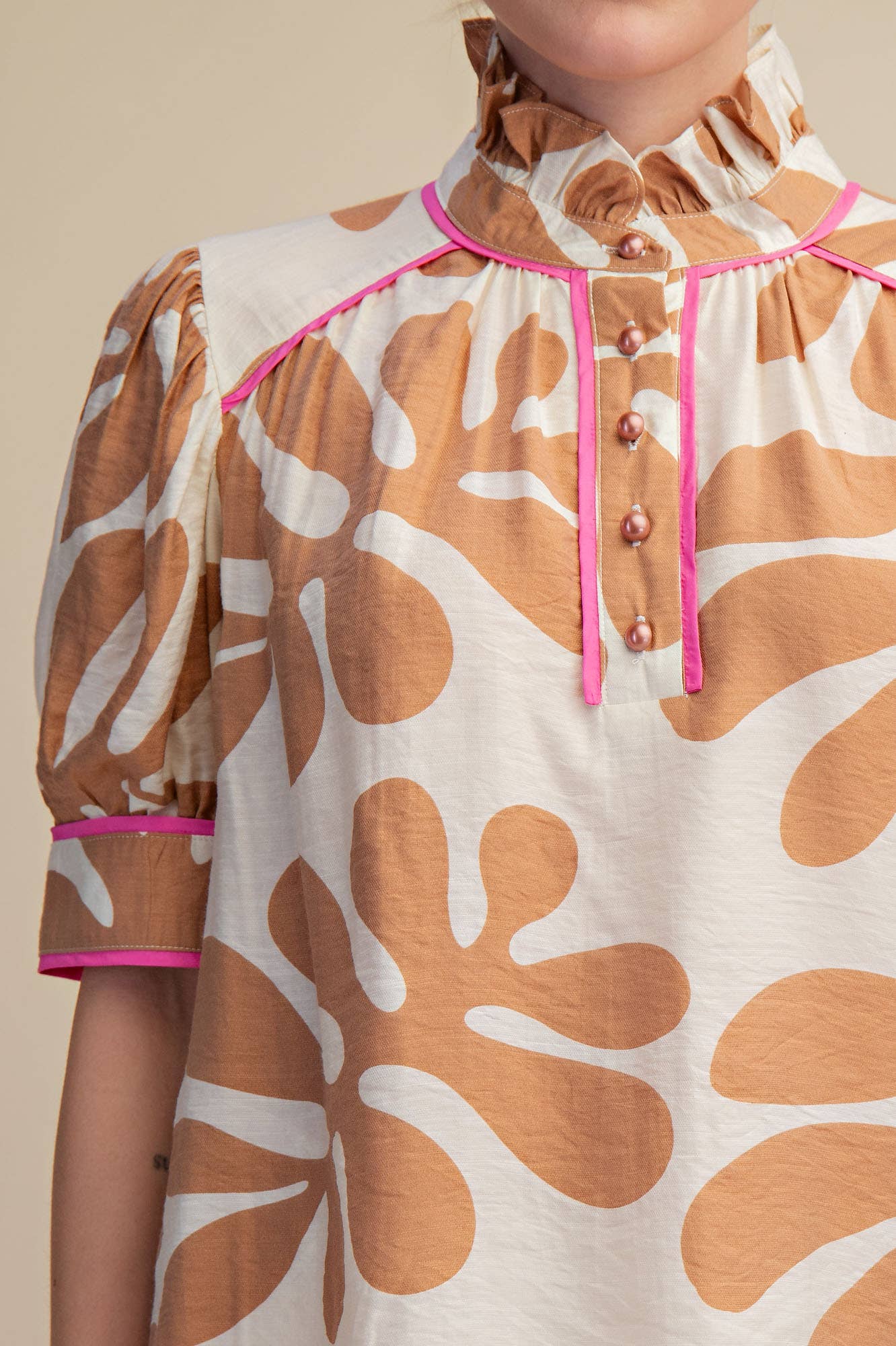 Contrast Detail Shirt Ruffle Neck Puff Sleeve
