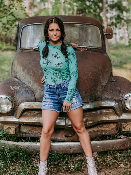 3D Print Black Bow of Turquoise Long Sleeve Trendy Mesh Top