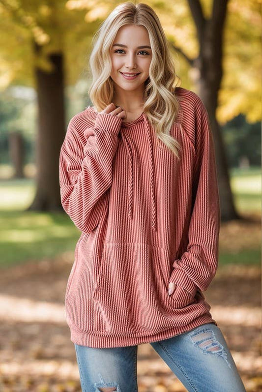 LONG PUFF SLEEVE SOLID URBAN RIBBED HOODIE TOP
