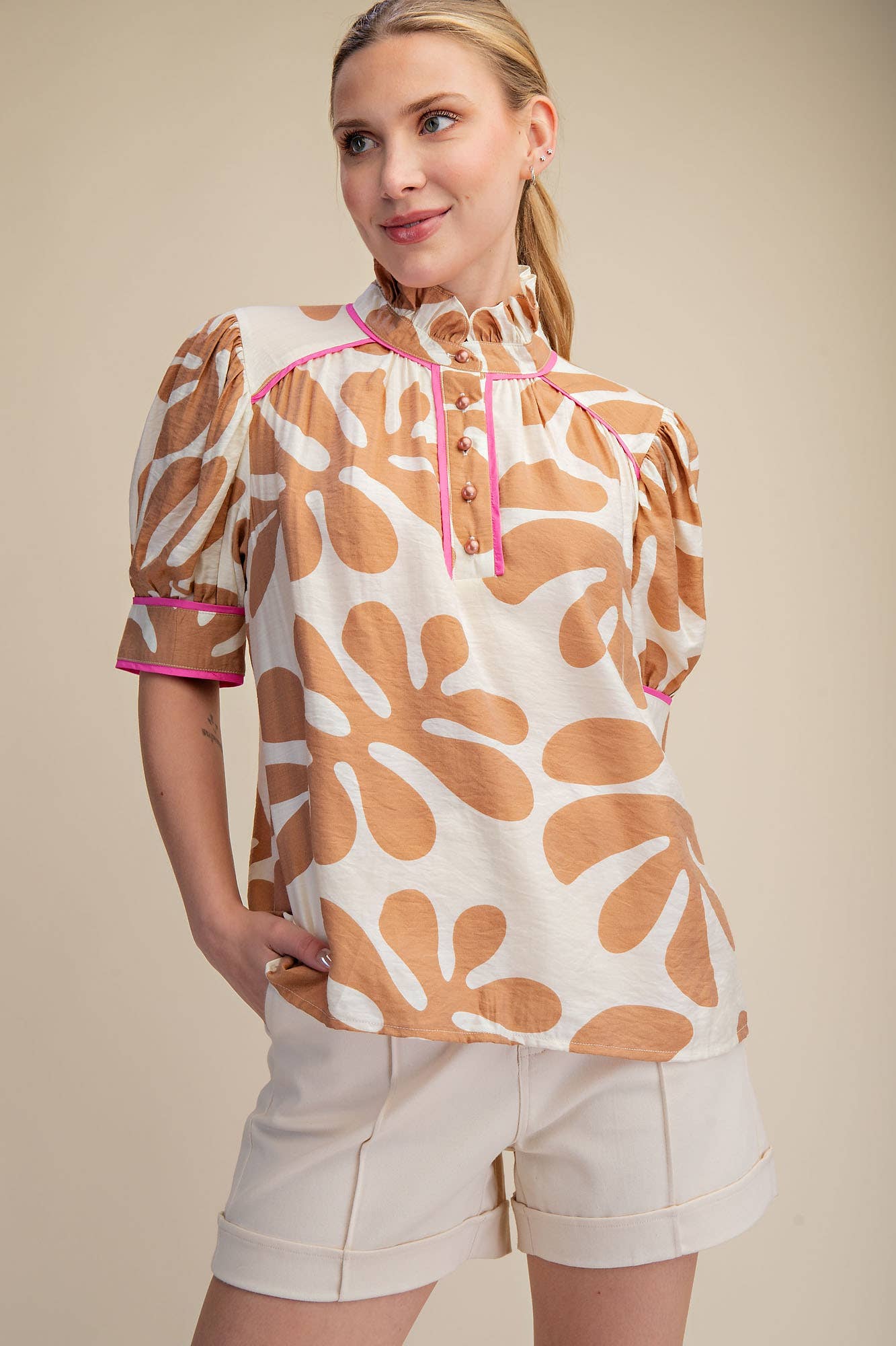 Contrast Detail Shirt Ruffle Neck Puff Sleeve