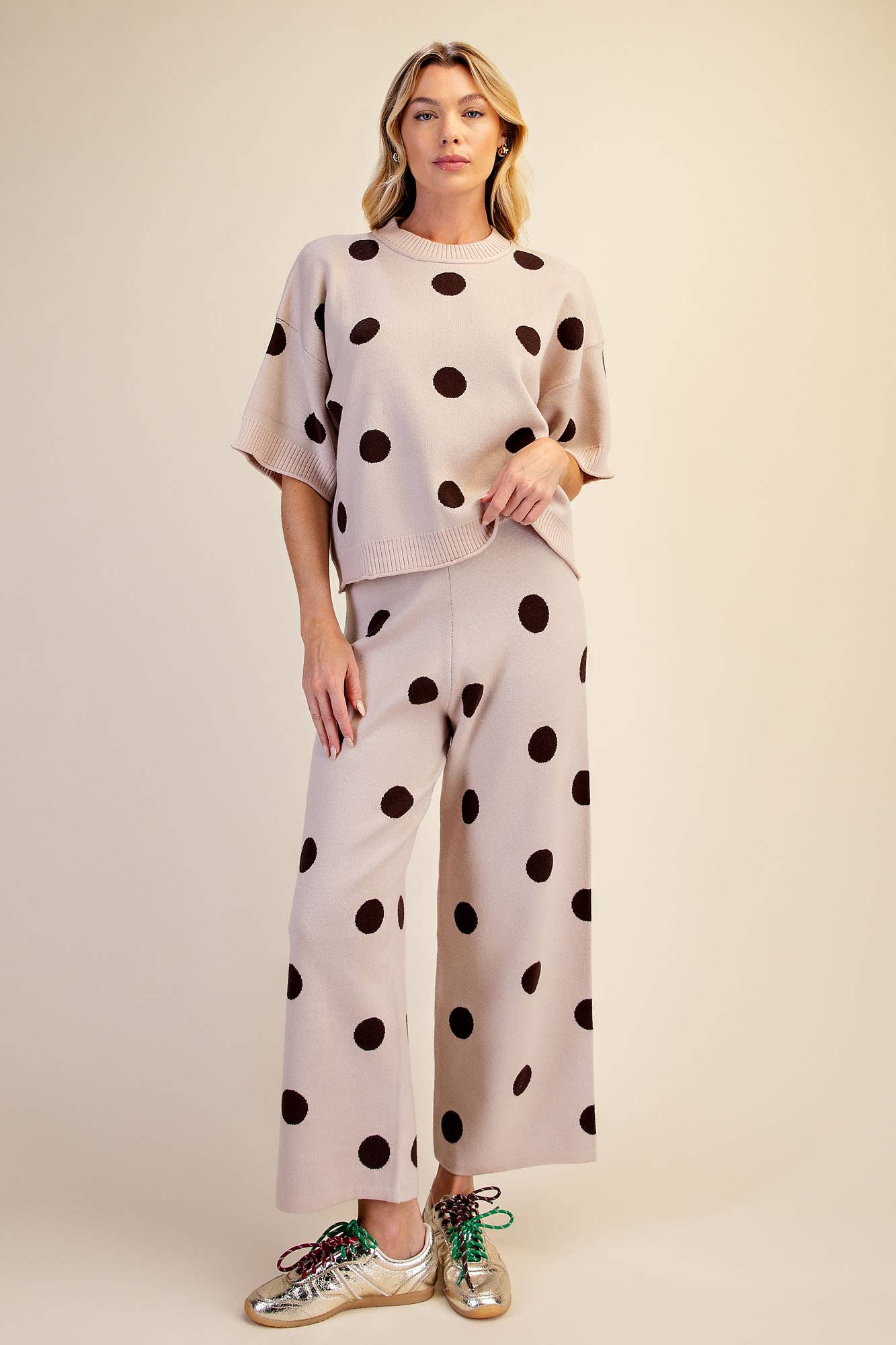 Polka Dot Sweater Round Neck Short Sleeve