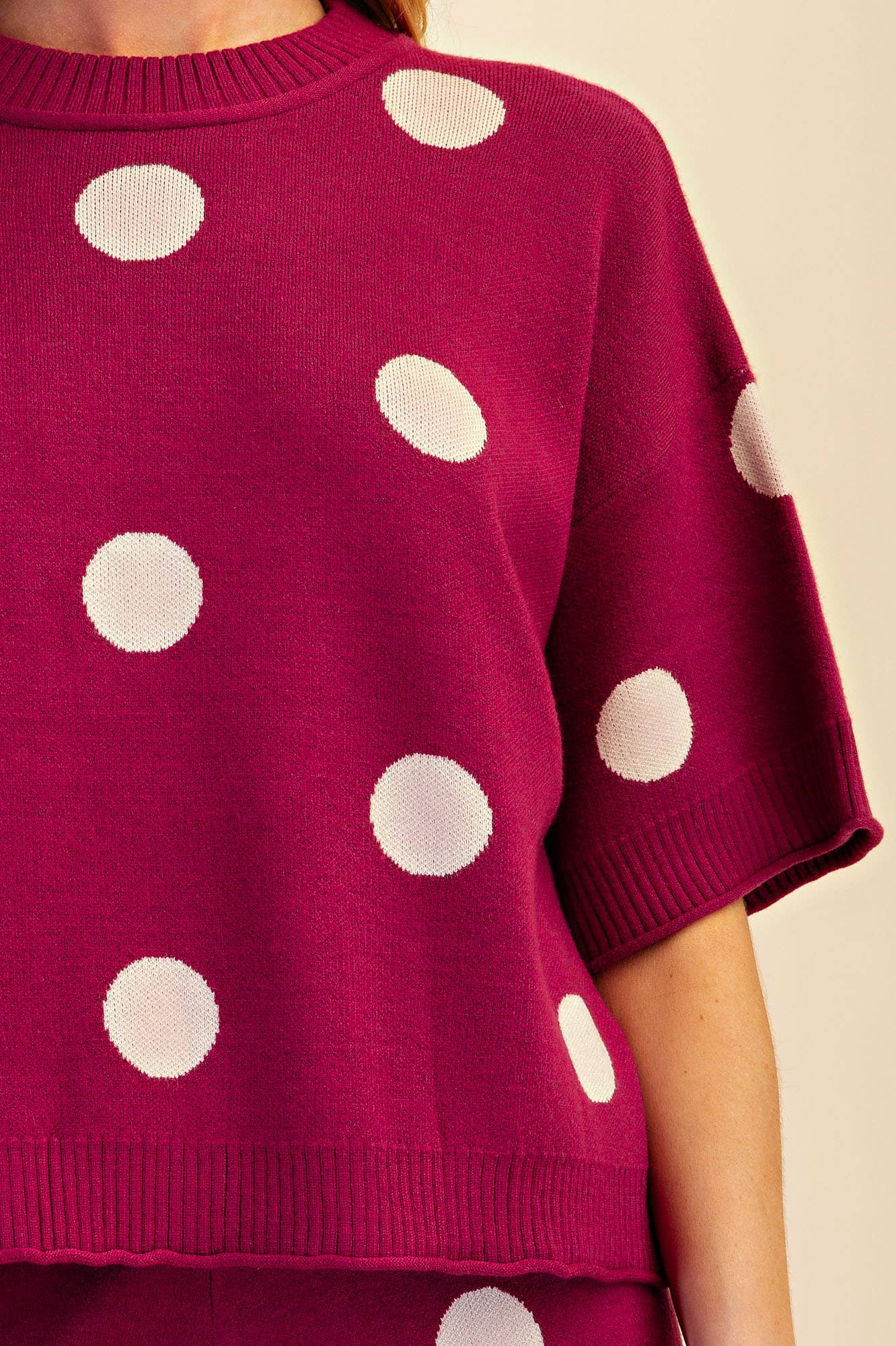 Polka Dot Sweater Round Neck Short Sleeve