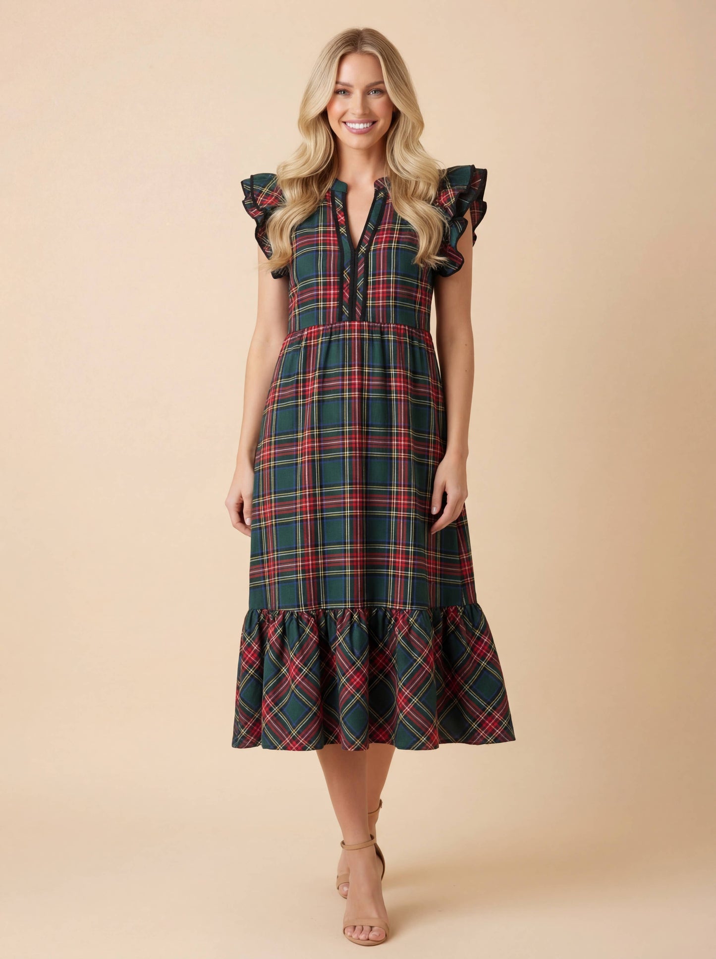 Plaid Ruffle Sleeve Tiered Midi Dress