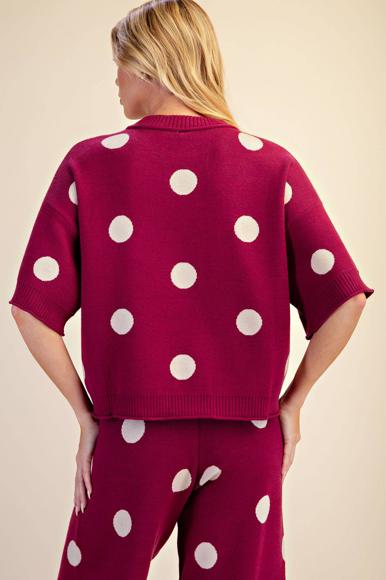 Polka Dot Sweater Round Neck Short Sleeve