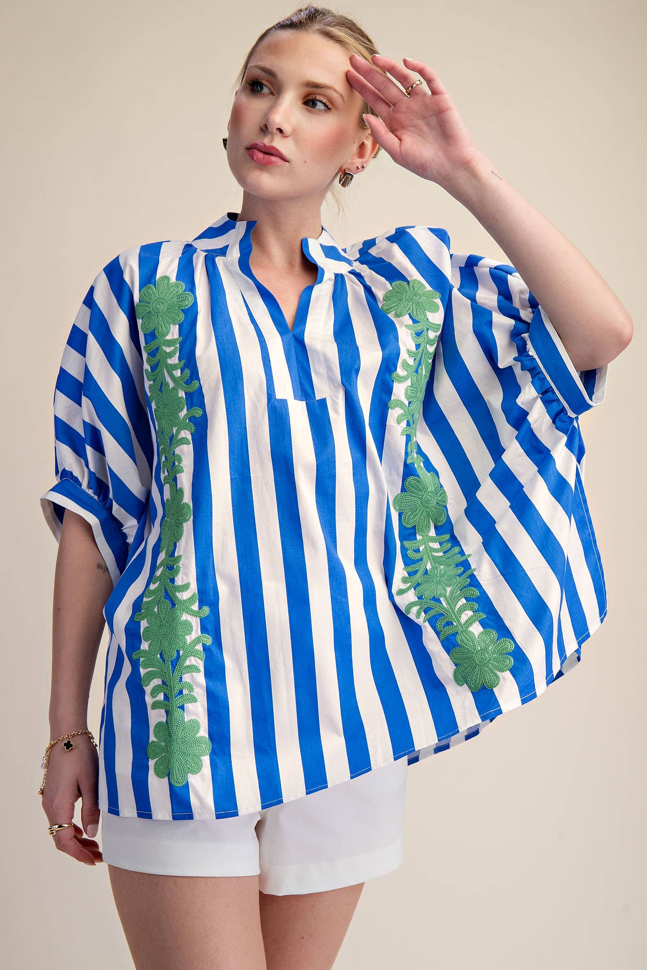 V-Neck Stand Collar Flower Embroidery Oversized Stripe Shirt