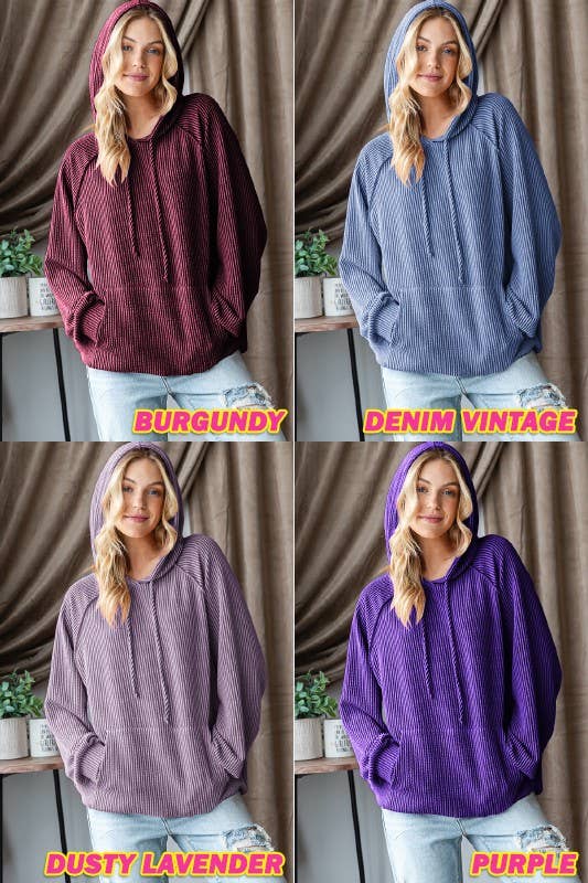 LONG PUFF SLEEVE SOLID URBAN RIBBED HOODIE TOP