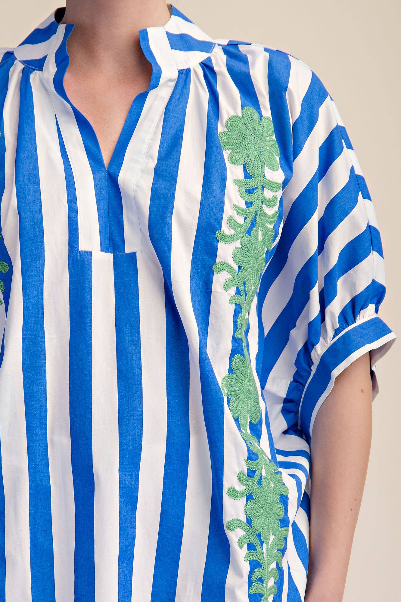 V-Neck Stand Collar Flower Embroidery Oversized Stripe Shirt
