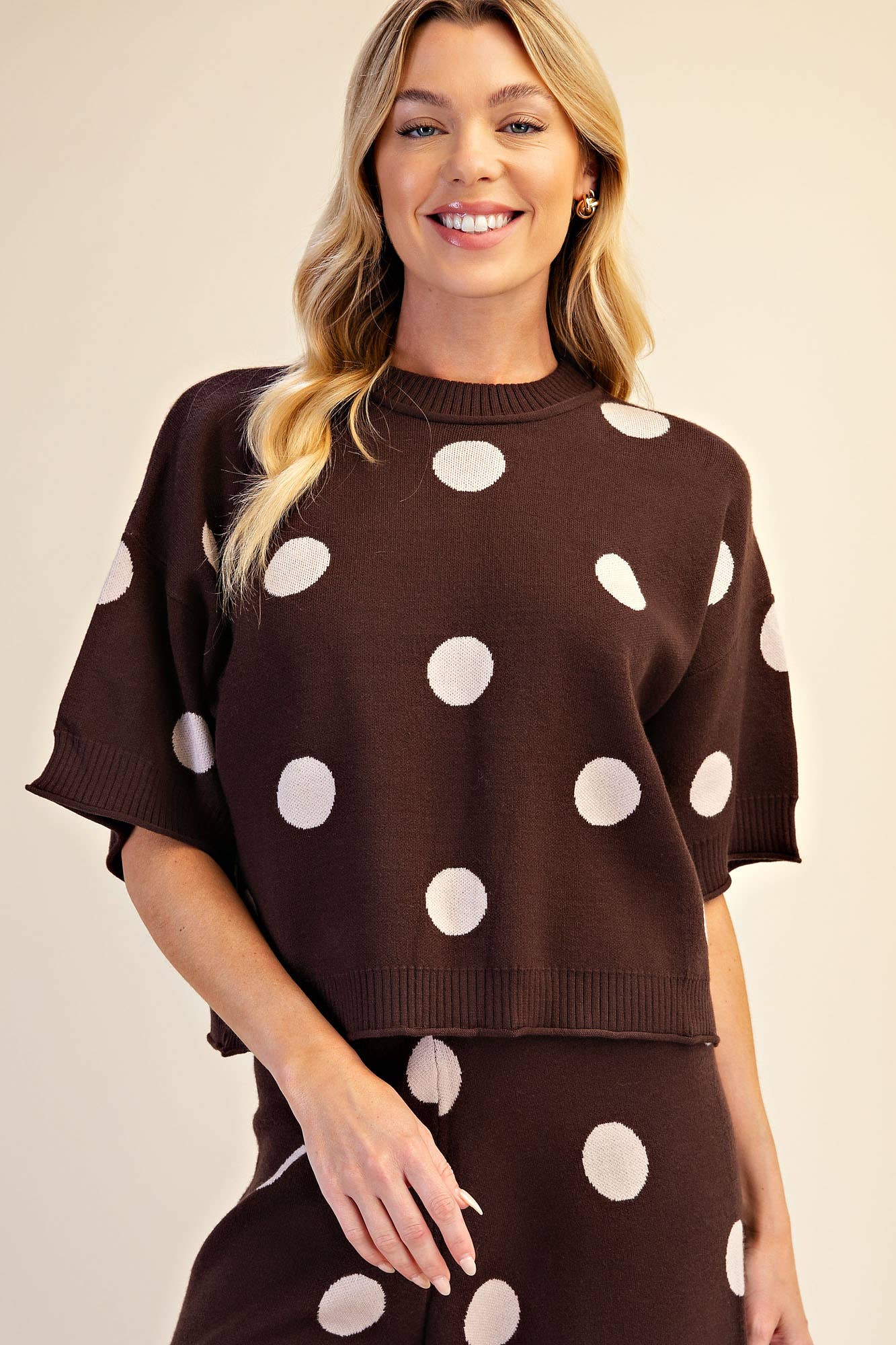 Polka Dot Sweater Round Neck Short Sleeve