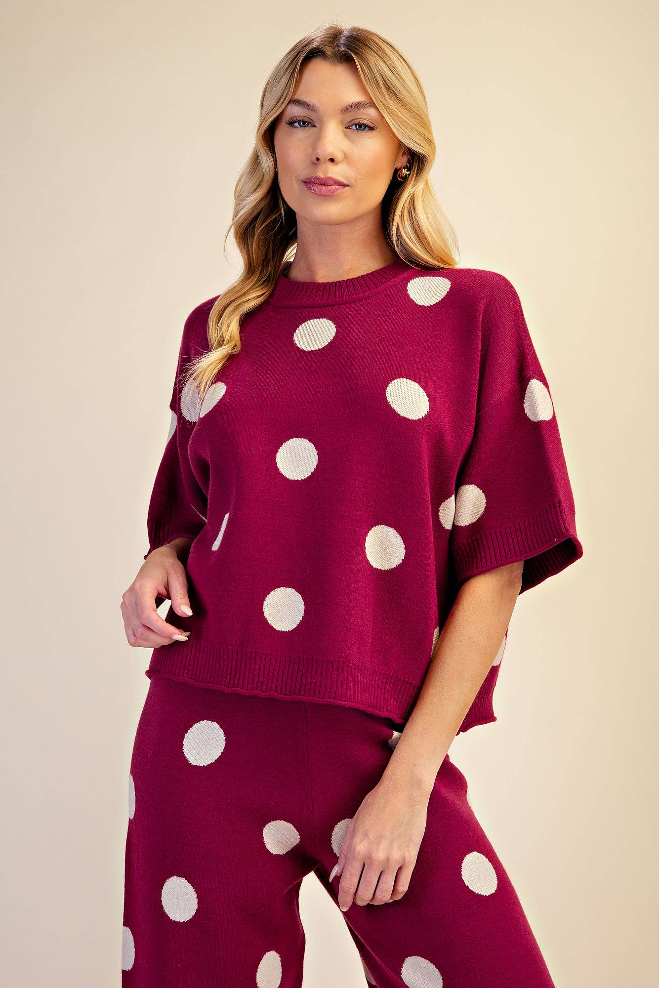 Polka Dot Sweater Round Neck Short Sleeve