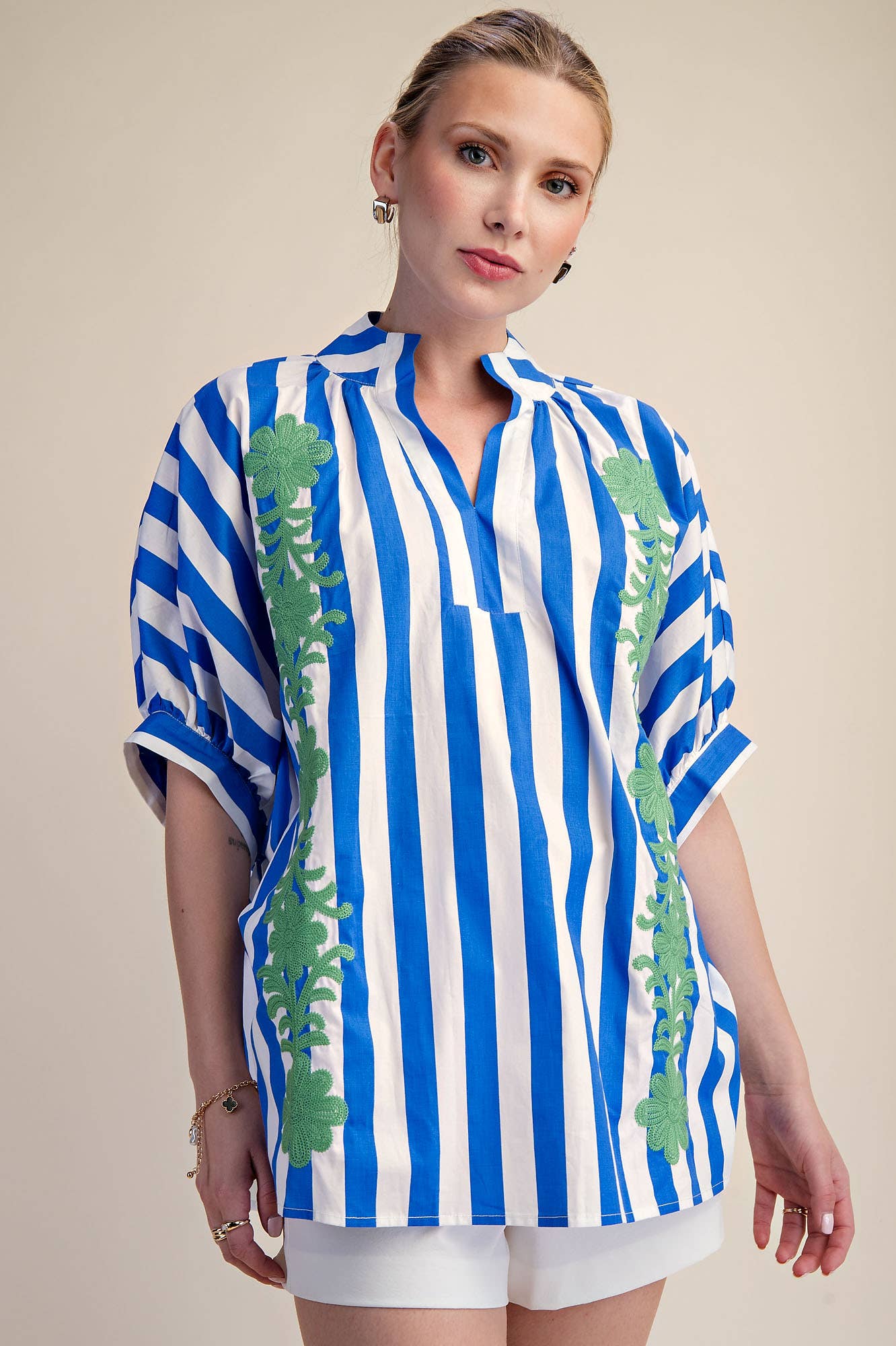 V-Neck Stand Collar Flower Embroidery Oversized Stripe Shirt