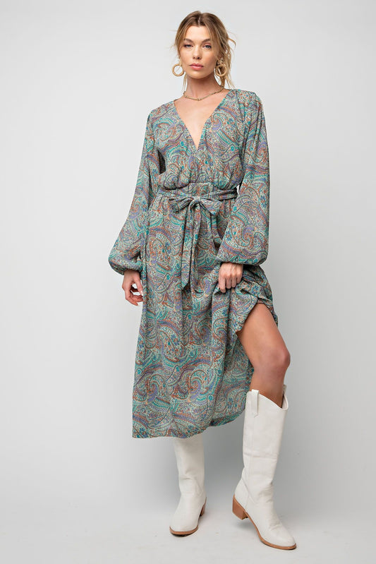 PRINTED CRINKLED CHIFFON MIDI DRESS