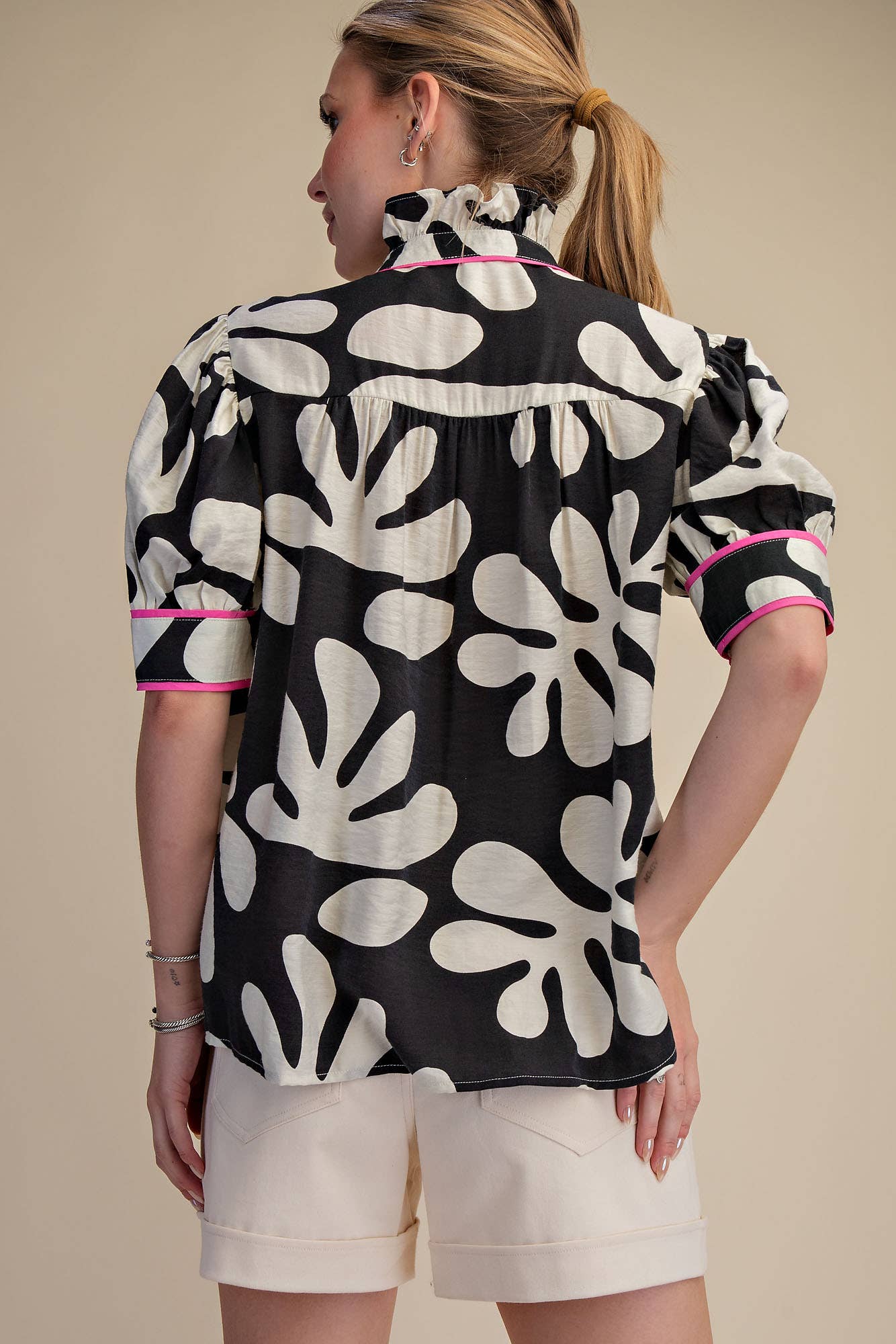 Contrast Detail Shirt Ruffle Neck Puff Sleeve