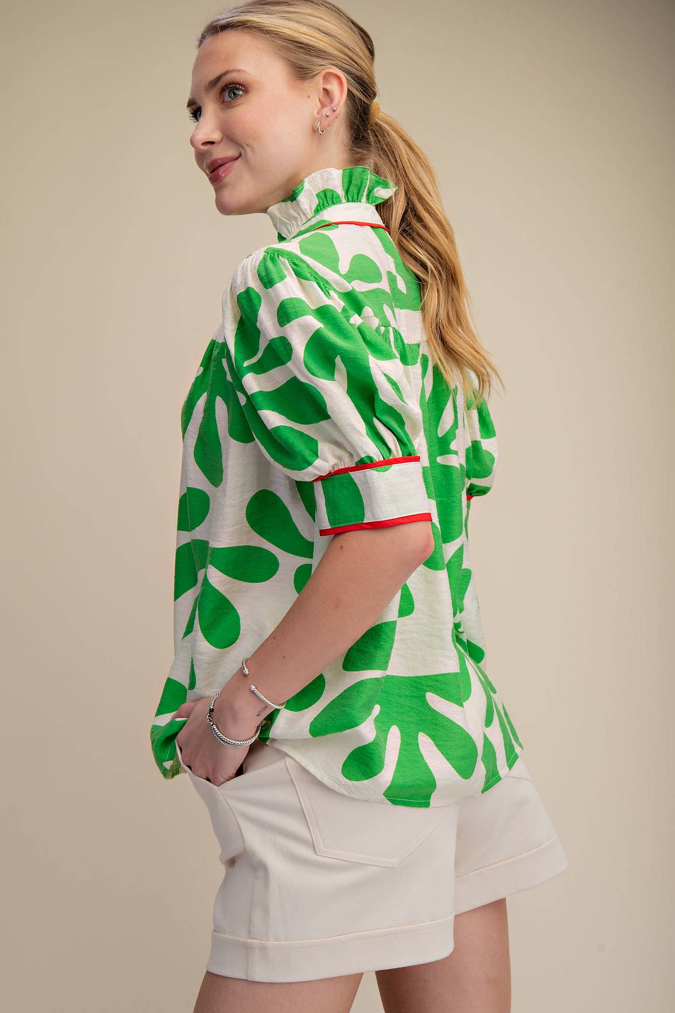 Contrast Detail Shirt Ruffle Neck Puff Sleeve