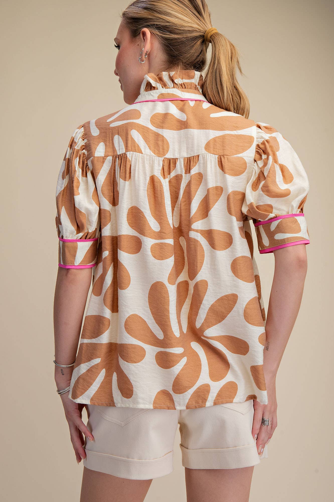 Contrast Detail Shirt Ruffle Neck Puff Sleeve