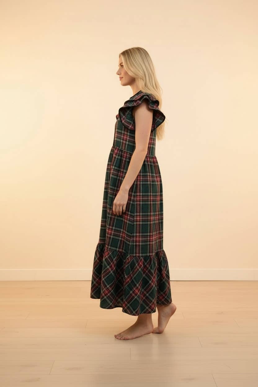 Plaid Ruffle Sleeve Tiered Midi Dress