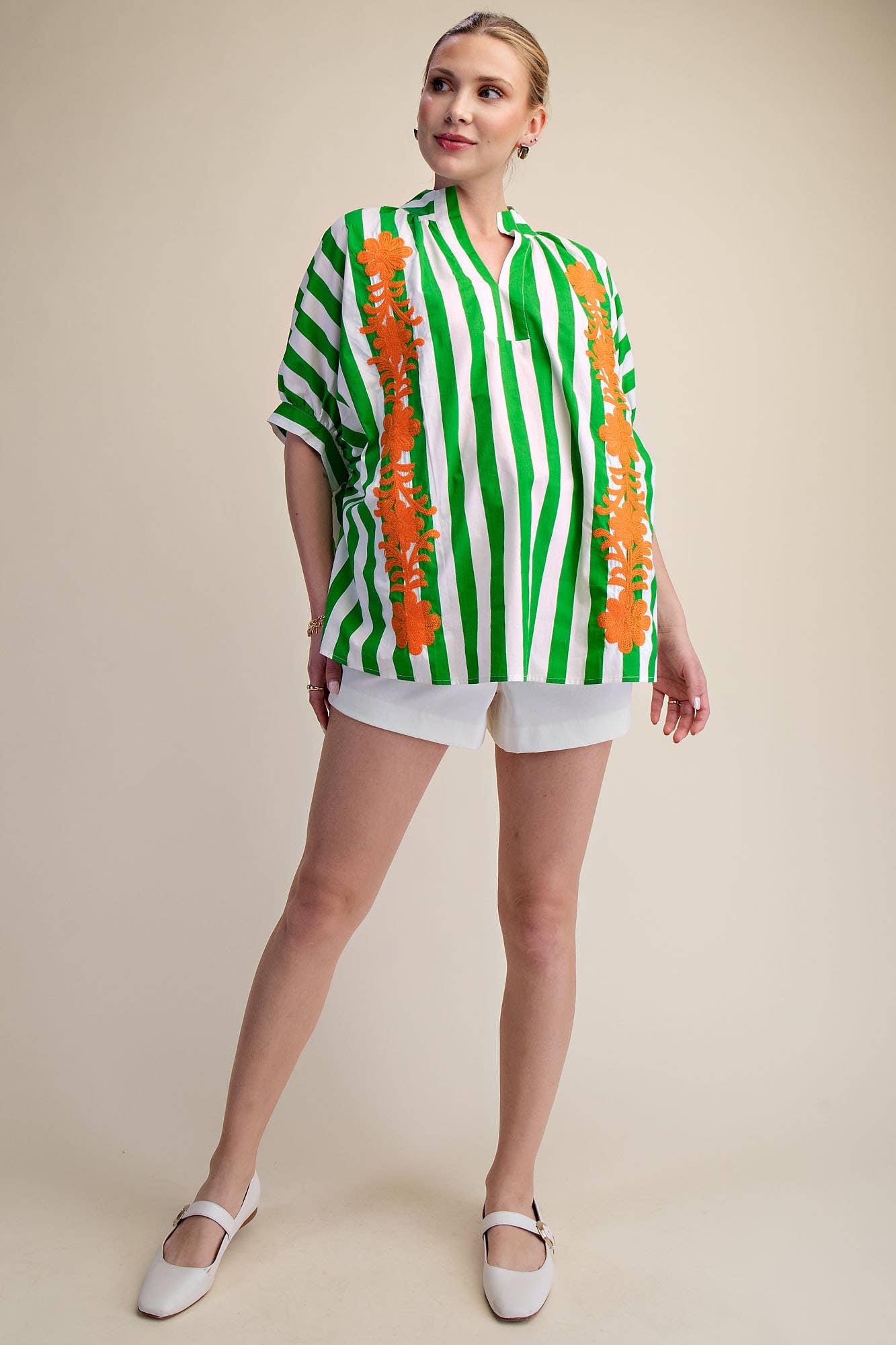 V-Neck Stand Collar Flower Embroidery Oversized Stripe Shirt