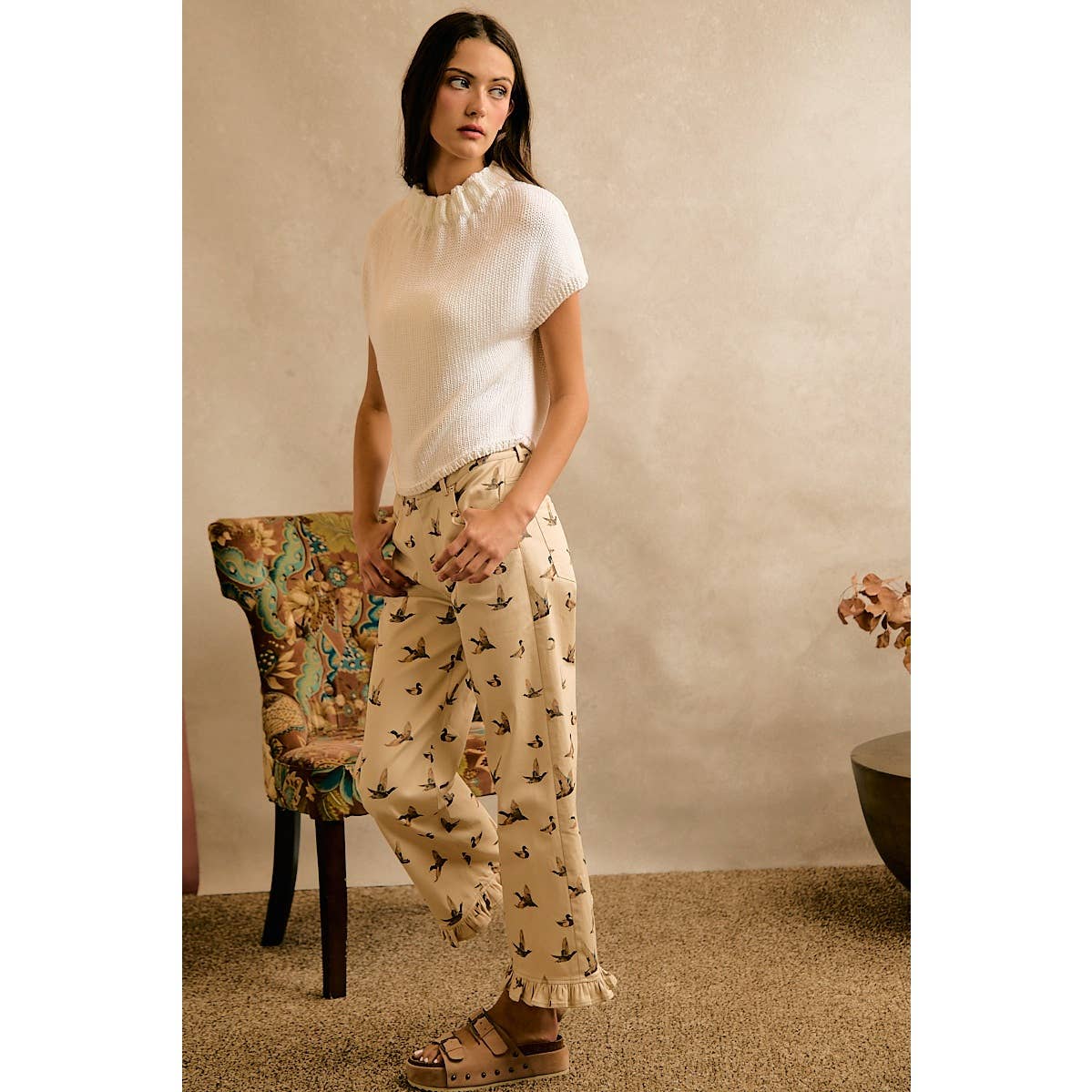MALLARD DUCK PRINT RUFFLE LEG PANTS