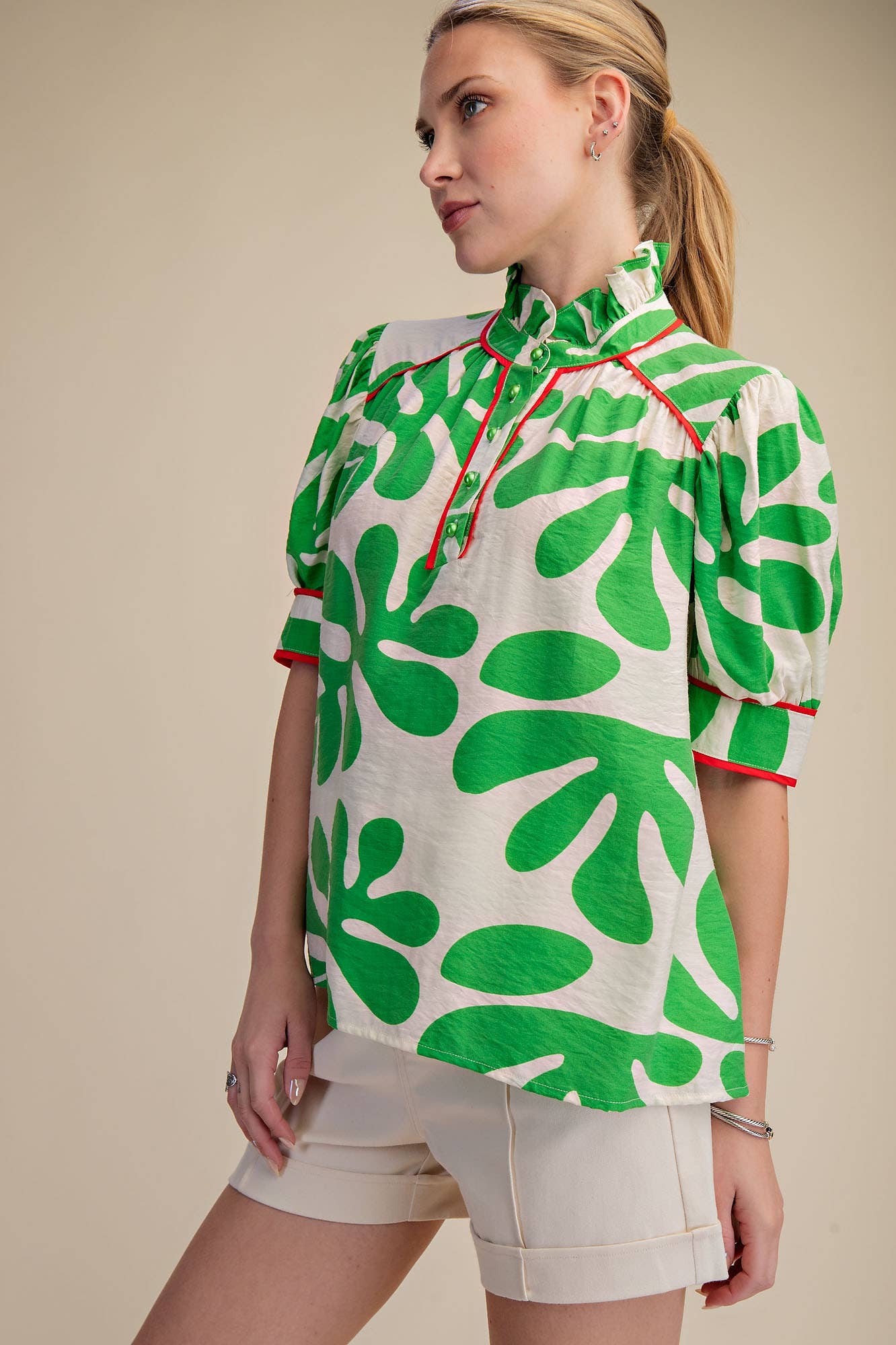 Contrast Detail Shirt Ruffle Neck Puff Sleeve